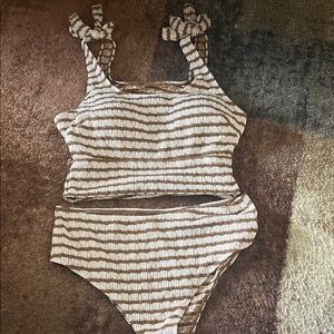 Striped Tan and White Women's Two Piece Set